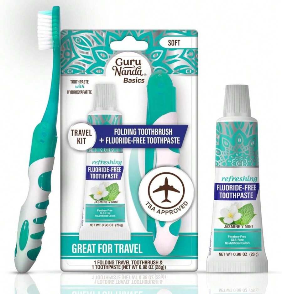 GuruNanda Folding Toothbrush With Built-In Cover &Amp; Toothpaste With Hydroxyapatite, Perfect For Travel, Compact &Amp; Portable, On-The-Go - Soft Bristles &Amp; Ergonomic Handle, For Adults &Amp; Kids (1 Count) - MàuA - Xem 1