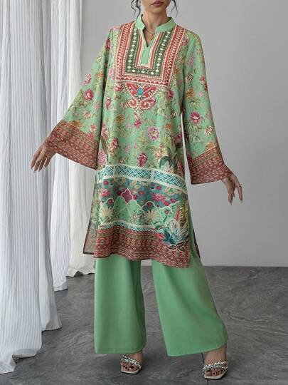 两件套女士套装，绿色印花V领喇叭袖长款套头衫+纯绿色弹力腰阔腿裤，优雅阿拉伯风格撞色奢华正式套装，适合派对、假日、日常穿着。