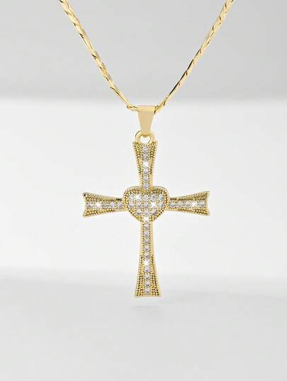1pc European & American Classic Copper Inlaid Zirconia Heart Cross Pendant Necklace, Limited Edition "Light Of Protection", Suitable For Christmas/Thanksgiving/Halloween/Mother's Day/Valentine's Day Gifts For Couples/Friends/Godparents, Catholic First Communion, Gifts, Daily & Holiday Wear Prayer