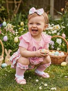 Conjunto de primavera y verano para bebé niña de Pascua, mono de manga corta con letras, pantalones cortos de zanahoria/conejito, calcetines con lazo, ropa bonita para festivales, ideal para 0 a 18 meses. - Rosa - Ver 5