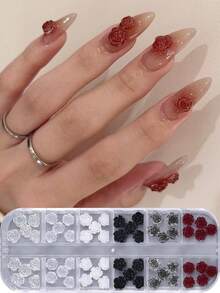 12格白色透明3D山茶花美甲装饰品，玫瑰配件，珍珠白，极光白，全息透明红黑玫瑰美甲饰品DIY，优雅婚礼美甲用品 - 彩色 - 查看 5