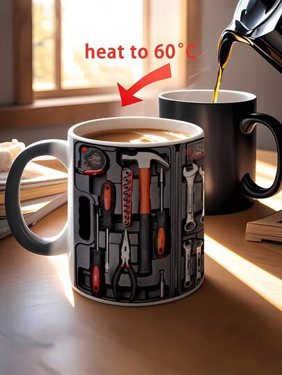 1 pieza Taza de café de cerámica de 325ml (11oz) con impresión de herramientas - Apta para bebidas calientes y frías, reutilizable, taza mágica que cambia de color, gran regalo para esposo, padre, novio, abuelo, ideal para verano e invierno, cumpleaños, vacaciones, Navidad, Año Nuevo, Día de San Valentín, también un regalo perfecto para Acción de Gracias, cumpleaños de amigos, aniversario, festival, fiesta, boda o regreso a la escuela