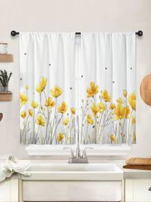 2pcs Yellow Flowers Print Kitchen Window Curtain,Without Holes Curtain,Refer To Bedroom Office Kitchen Living Room Study Home Decor - Multicolor - View 2
