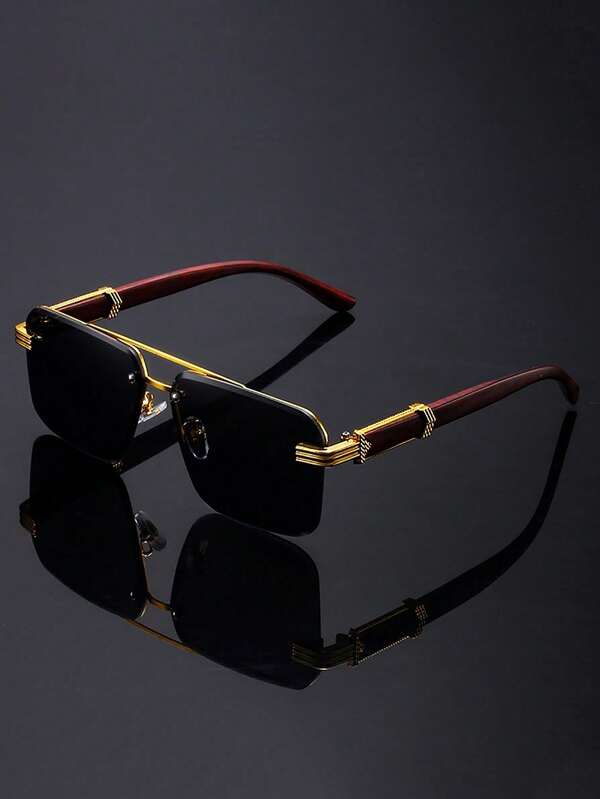 1pc Men's Fashion Double-Bridge Rimless Square Metal Fashion Glasses, Essential Accessory For Driving And Casual Wear For Summer Beach Vacation,Outdoor,Travel