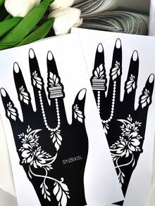 2 Stücke florale Perlen-Ketten dekorative Muster Tattoo Schablonen - exquisite hohle wunderschöne Strukturen, wiederverwendbar, geeignet für individuelle temporäre Tattoos, passend für Party & tägliche Körperdekoration, einfach eigene kreative Tattoo-Looks erstellen - Schwarz - Übersicht 4