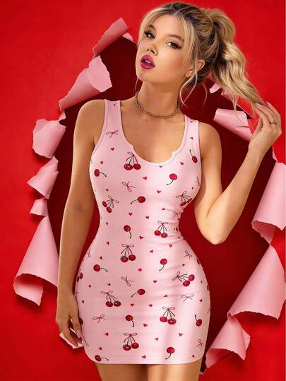 Valentine's Day Pink Cherry Heart Print Bodycon Dress, Coquette Bow Pattern Mini Dress For Spring Break & Date Night