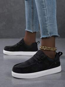 Sepatu Loafer Wanita Warna Polos, Sepatu Kasual Datar yang Nyaman, Mudah Dipakai, Cocok untuk Semua Musim - Hitam - View 3
