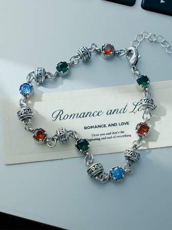 1pc Rhinestone & Colorful Zirconia Bracelet, Vintage Hipster Style Accessory Suitable For Women's Daily Wear