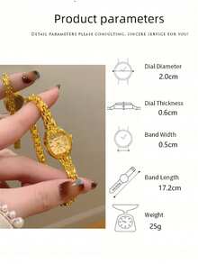 1pc Fashionable Creative Versatile Petite Oval Quartz Watch For Women, Minimalist Oval Dial, Mother Of Pearl Dial/Crystal, Suitable For Daily Wear And Holiday Gifts - 金色 - 查看 7