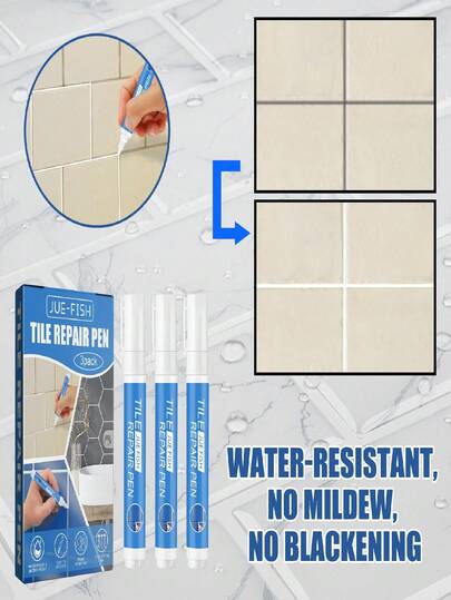JUE FISH 3pcs Ceramic Tile Repair Pens, Home Kitchen & Bathroom Tile Caulk Filler Pens, Waterproof Anti-Fouling White Grout Pens, Wall & Floor Tile Scratch Repair Pens, Easy To Use Quick Drying Durable Tile Grout Repair Tool (Random Delivery Of New And Old Models)