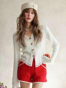 Women's Sweet Casual V-Neck Cherry Button Adorned Distressed Hem Sweater, Spring/Summer - White - View 3