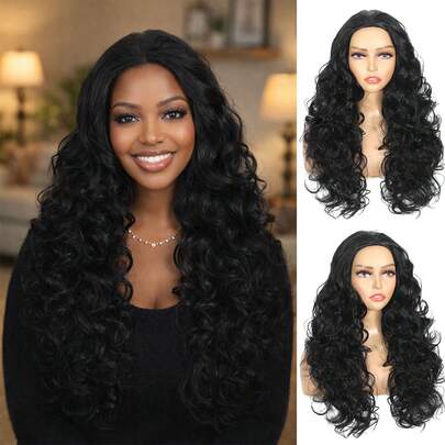 26 Inch Synthetic Long Black 3-In-1 Half Wig, , Seamless Flip-Over Glueless Wear, Long Wavy Curly Hair, Drawstring Headband Wig