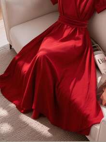 新款系带V领复古风连衣裙，女士夏季优雅之选 - 紅色 - 查看 4