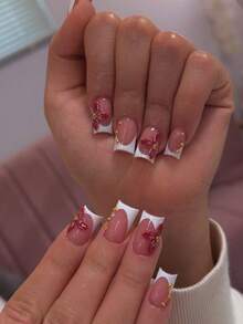 提升您的时尚品味！这款24片装短方形法式裸色底妆凝胶贴片，饰有立体花朵图案，简约时尚，完美适配中长款假指甲，套装包含：1片凝胶贴片和1把指甲锉。适合女性日常佩戴，也适合派对、度假等各种场合。 - 彩色 - 查看 8