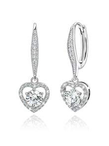 925纯银耳环，时尚耳环，精致耳环，立方氧化锆耳环，心形吊坠耳环，低过敏性耳环，圈形耳环，适合日常佩戴，生日礼物 - 銀色 - 查看 1