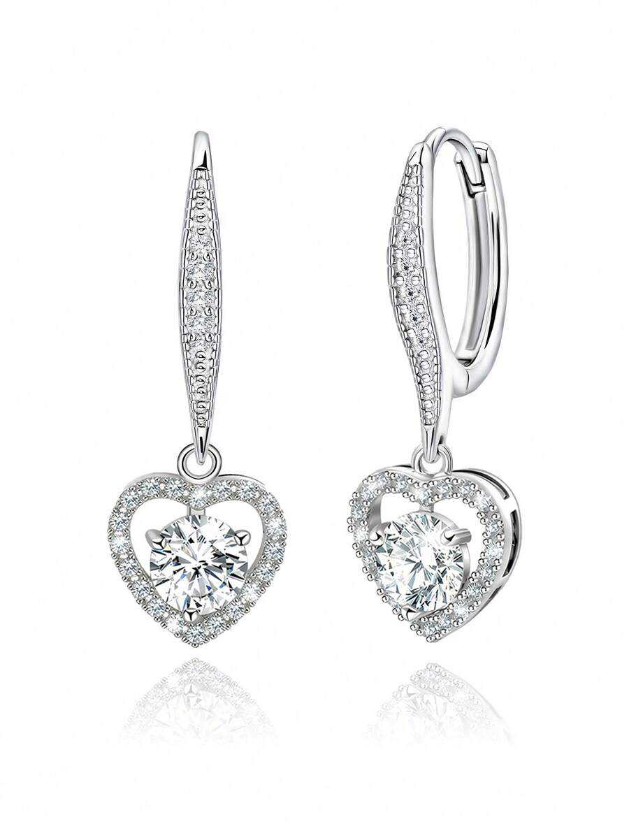 925纯银耳环，时尚耳环，精致耳环，立方氧化锆耳环，心形吊坠耳环，低过敏性耳环，圈形耳环，适合日常佩戴，生日礼物 - 銀色 - 查看 1