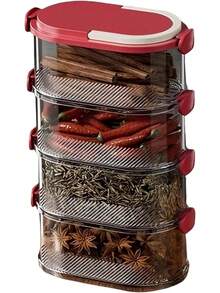 Juego de 4 recipientes apilables para especias, organizador de alimentos sellado multicapa para condimentos, cereales, granos café, tarros almacenamiento despensa cocina rojos, contened - 1 - Ver 4