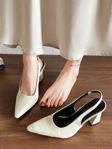 女士高跟鞋，时尚增高鞋，优雅欧式风格，拉长腿部线条，日常穿着的优雅粗跟凉鞋 - 米色 - 查看 2
