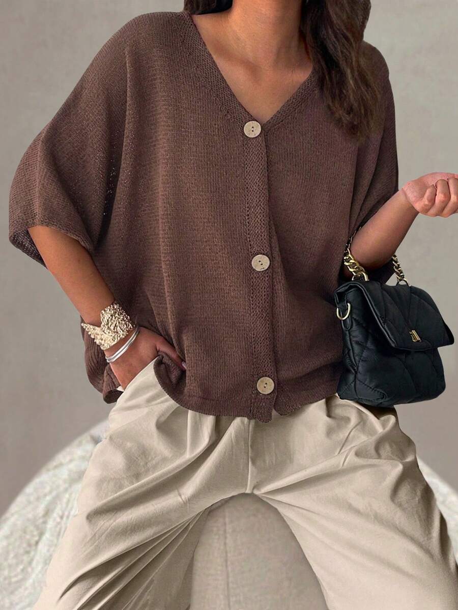 女士新款V领钩花镂空半透明落肩纽扣开衫，休闲时尚基础款轻薄宽松针织上衣，适合春、夏、秋季穿着 - 咖啡棕 - 查看 1