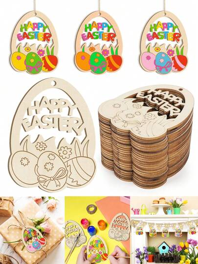 10pcs Unfinished Wooden Easter Decorations, Suitable For Painting, Spring Decor, Happy Easter, DIY Craft, Painting, Graffiti, Decoration, Birthday, Wedding, Spring Party, Easter Gift, Family Gathering, Banquet, Country Style Hanging Ornaments