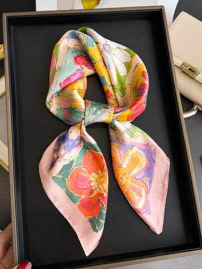 1pc Women's Elegant Vintage Printed Thin Satin Scarf, Faux Silk Material, Bohemian Retro Casual Style, Can Be Used As Scarf Or Shawl, Lightweight And Comfortable, Suitable For Spring/Summer Everyday Wear And Outings.
