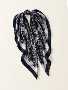 1pc Women's Popular Printed 90cm Square Scarf With Chain, Suitable For Daily Wear Satin Headscarf/Bandana - Cashew Flower - Navy Blue - View 4