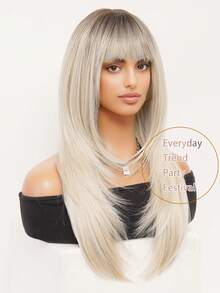 XOUJE 长直发合成假发，渐变金色挑染，层次分明的设计，搭配自然轻盈的刘海，轻盈舒适，是女士休闲、优雅和日常佩戴的理想之选，也适合派对、角色扮演和节日聚会。这款假发耐热，长度为26英寸。 - 漸變金色 - 查看 9