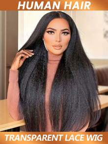 13x4 Transparent Kinky Straight Lace Front Wigs Yaki Straight Human Hair Wigs Bleached Frontal Wigs Texture & Full Volume For Women Pre Plucked 200% Density - Natural Black - View 2