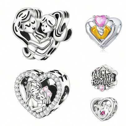 CYMYSS 1件情侣/家庭主题心形吊坠，镀银铜镶嵌立方氧化锆，优雅串珠项链，男女皆宜，情人节/母亲节/周年纪念日礼物