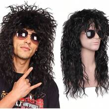 70s 80s Hair Metal Rocker Hippie Costume Accessories - Long Curly Black Synthetic Costume Wig For Halloween, Cosplay, Anime, Themed Parties Unisex Adjustable Design - Black - View 1