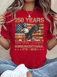 Women Loose 100% Cotton Graphic Tee, 250th American Independence Patriotic Print Top, Machine Washable Casual Outfit For 4th Of July Party Events - 紅色 - 查看 1