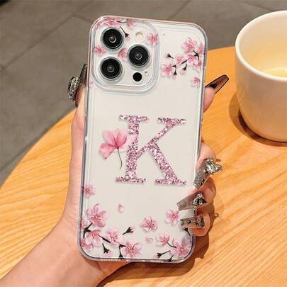 1pc Floral Letter K Personalized Transparent Full Body Shockproof TPU Phone Case Compatible With Iphone 17 16 15 14 13 12 11 Pro Max, A55/54/53/52/51, S25/24/23/22/21 Ultra