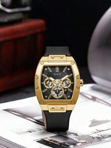 Guess 41.5毫米表壳直径男士石英表系列 - 方形表盘，硅胶表带，休闲运动腕表，时尚男士礼物，理想的圣诞男友礼物 - 暗金色 - 查看 9