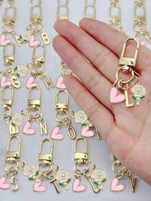 Letter Initial Keychain With Heart Rose Charm, Gold Metal Alphabet Key Ring For Women & Girls, Pink Enamel Floral Heart Pendant Keychain, Cute Personalized Bag Charm & Handbag Accessory, Car Key Holder Decoration, Stylish Backpack Pendant, Ideal Gift For Birthday, Valentine's Day, Mother's Day, Anniversary, Christmas, Holiday & Daily Use - Multicolor - View 1