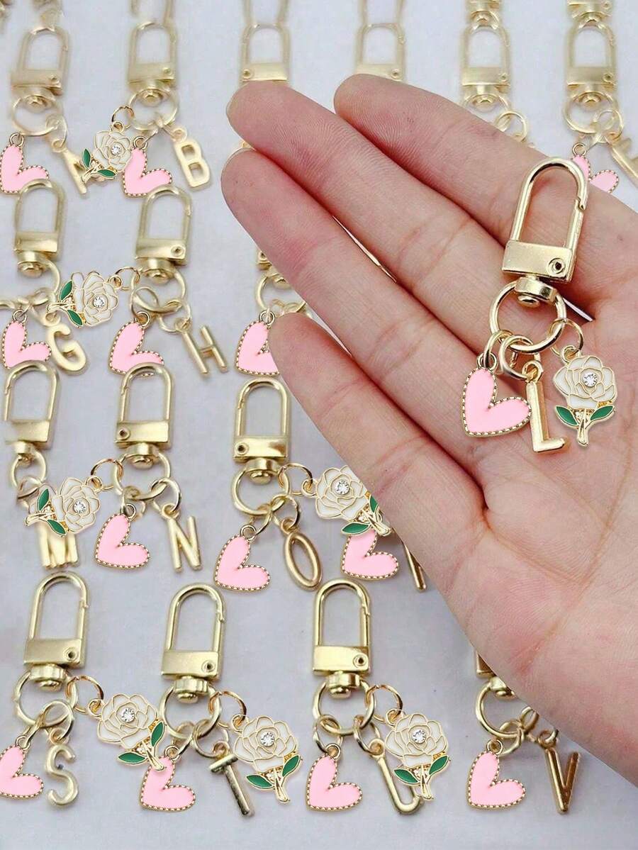Letter Initial Keychain With Heart Rose Charm, Gold Metal Alphabet Key Ring For Women & Girls, Pink Enamel Floral Heart Pendant Keychain, Cute Personalized Bag Charm & Handbag Accessory, Car Key Holder Decoration, Stylish Backpack Pendant, Ideal Gift For Birthday, Valentine's Day, Mother's Day, Anniversary, Christmas, Holiday & Daily Use - Multicolor - View 1