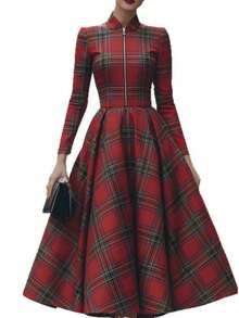 Vestido largo estampado 2026 estilo Occidental | Cuello erguido, manga larga, cremallera, casual elegante - Rojo - Ver 5