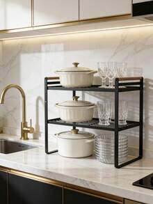 Double-Tier Countertop Storage Rack, Heavy-Duty Metal Kitchen Organizer Shelf For Plates, Bowls And Cookware - Black - View 7