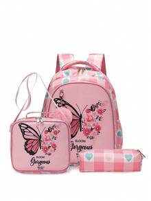 3pcs Kids Fashion Mermaid Tail, Cute Pattern, Astronaut Backpack Set With Adjustable Mesh Padded Shoulder Straps And Soft Mesh Back Panel, Perfect Gift For School, Travel, Outdoor, Holiday - Pink - View 12