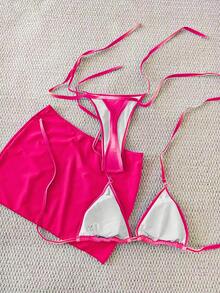 女士优雅性感泳装套装 - 时尚渐变色挂脖比基尼上衣，搭配巴西式泳裤和配套罩衫裙，夏季 - 彩色 - 查看 2