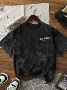 Summer New Japanese Style Crane Print Casual Round Neck Tie-Dye Short Sleeve T-Shirt, Casual & Fashionable, Plum Blossom & Pine Tree Pattern, Versatile Women Top - Black - View 3