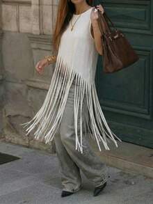 Women's Casual Sleeveless Fringe Trim Crew Neck Top, Suitable For Vacation & Music Festival - White - View 4