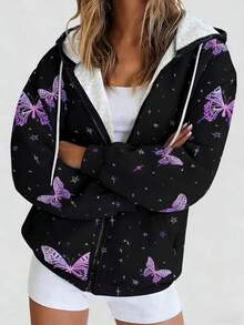 Butterfly Print Hoodie Sweatshirt, With Drawstring, Casual Zip-Up Long Sleeve Hooded Jacket, Suitable For Autumn/Winter, Plus Size Women Spring - Purple - View 4
