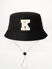 1顶26字母印花儿童渔夫帽+可拆卸防风绳，可调节户外遮阳帽，适合男孩女孩，春秋季旅行、海滩、度假 - 黑色 - 查看 35