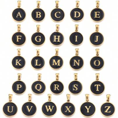 2pcs/Pack Stainless Steel Single-Sided Round English Letter Pendant, Fashionable Minimalist English Letter Pendant Necklace Accessory, DIY Jewelry Making Pendant