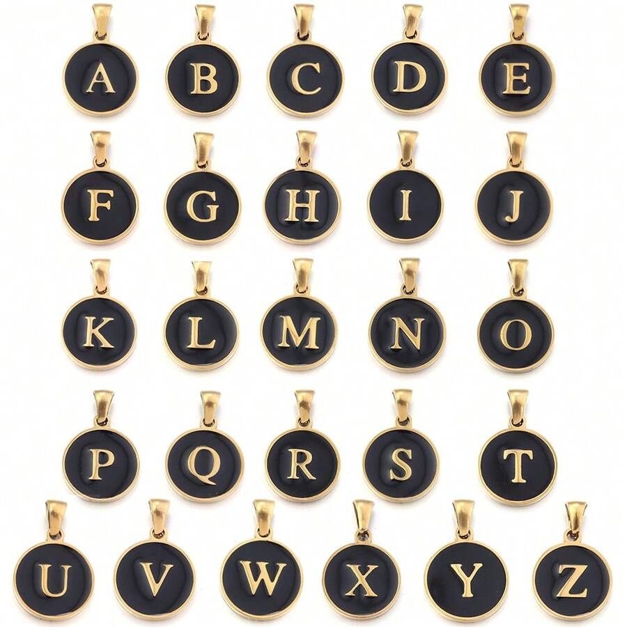 2pcs/Pack Stainless Steel Single-Sided Round English Letter Pendant, Fashionable Minimalist English Letter Pendant Necklace Accessory, DIY Jewelry Making Pendant