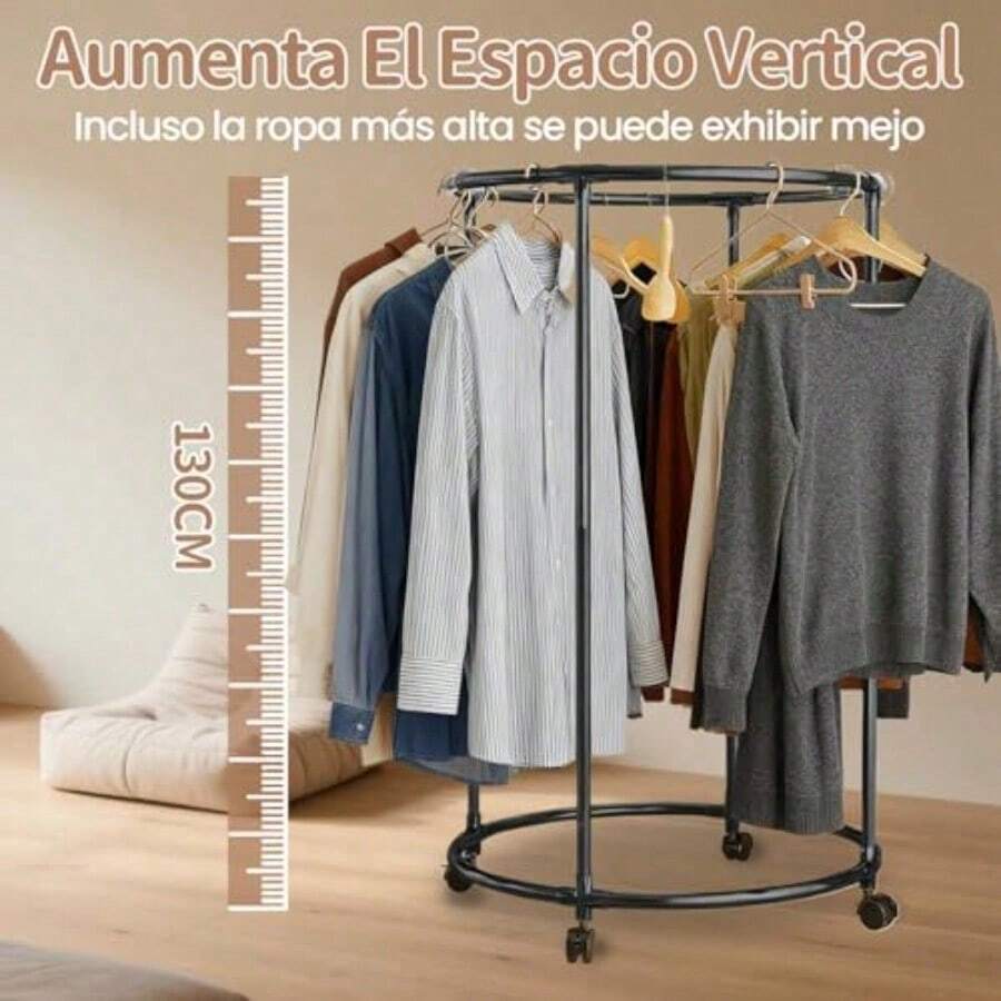 Perchero para ropa circular giratorio 360°, organizador con soporte reforzado, ahorra espacio, carga fuerte, diámetro 75 cm, altura 130 cm, color dorado-003 - Negro11 - Ver 1
