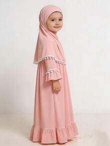 2 piezas Conjunto de vestido musulmán para niñas - Vestido de unicolor de manga larga + Pañuelo para la cabeza - Caqui - Ver 4
