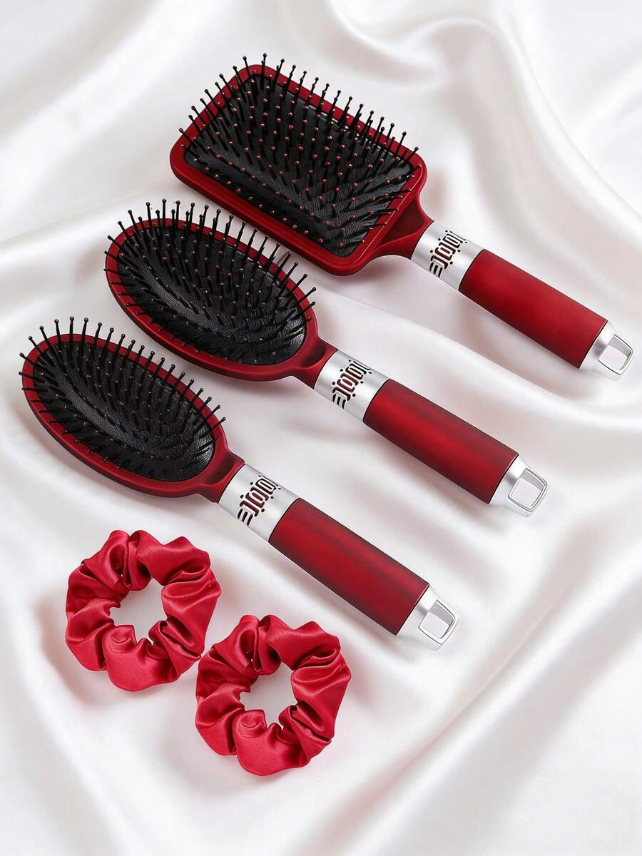 Brodark 5pcs Red Air Cushion Comb Cylinder Brush, Includes 2 Golden Hair Ties, Suitable For Men And Women Daily Use - Red - View 1