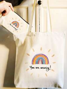 1/2pcs Set Large Capacity Beige Canvas Floral & Book Themed Printed Tote Bag And Zipper Storage Bag Set, Fashionable Floral & Book Themed Shoulder Bag, Shoulder Bag, Multifunctional Portable Travel Storage Makeup Set, Suitable For Back To School, Graduation, Travel, Birthday, Anniversary, Teacher's Day, Thank You Gifts, Essential For Students And Teachers, Great For Travel