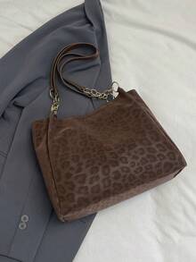 Borsa a tracolla a righe alla moda - Borsa a spalla di grande capacità per le donne - Borsa a tracolla con cerniera per uso quotidiano, in tessuto con stampa leopardata, con catena e decorazione con perle - Castano - Visualizzare 6